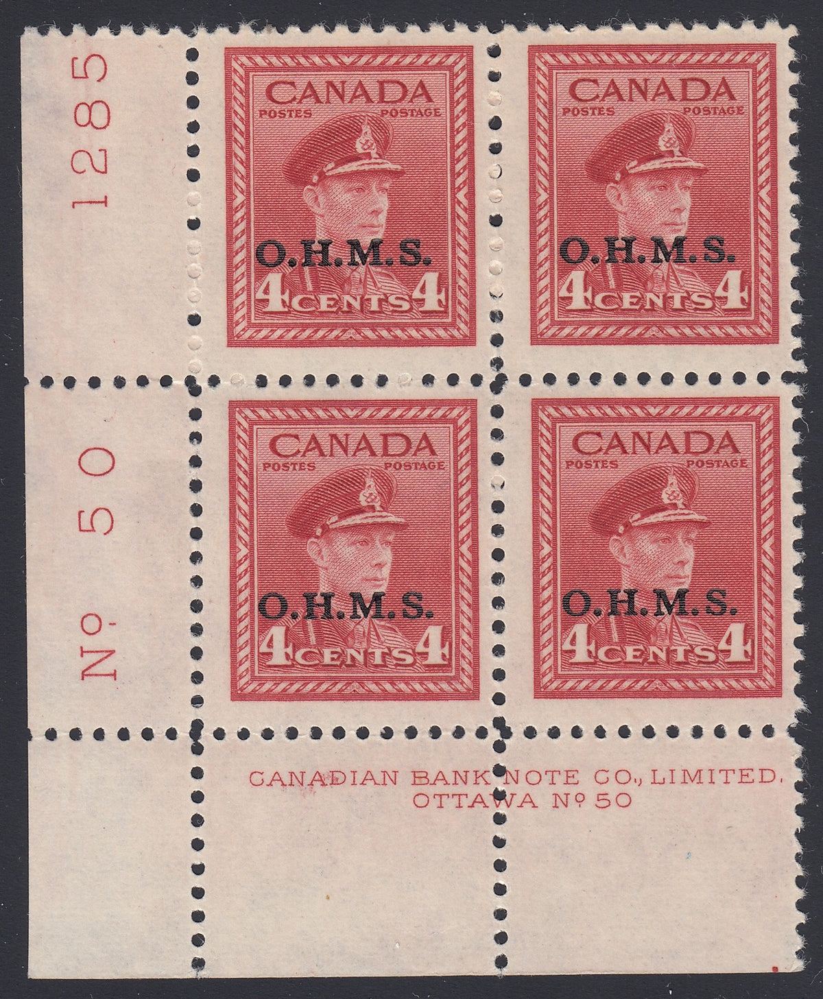 0351CA1803 - Canada O4 - Mint Block of 4, Plate 50