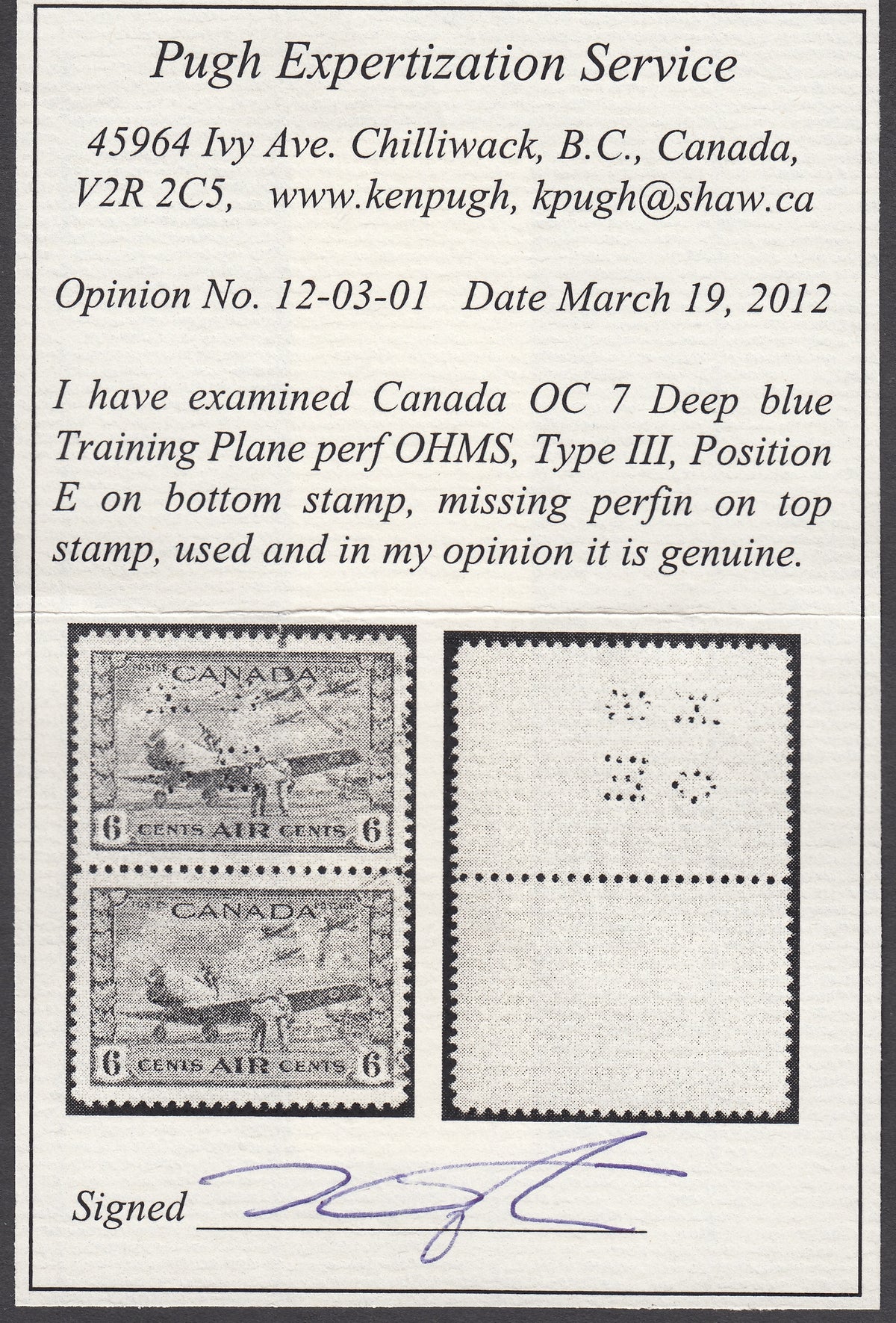 0335CA1804 - Canada OC7 &#39;E Z&#39; - Used Pair, 2012 Certificate