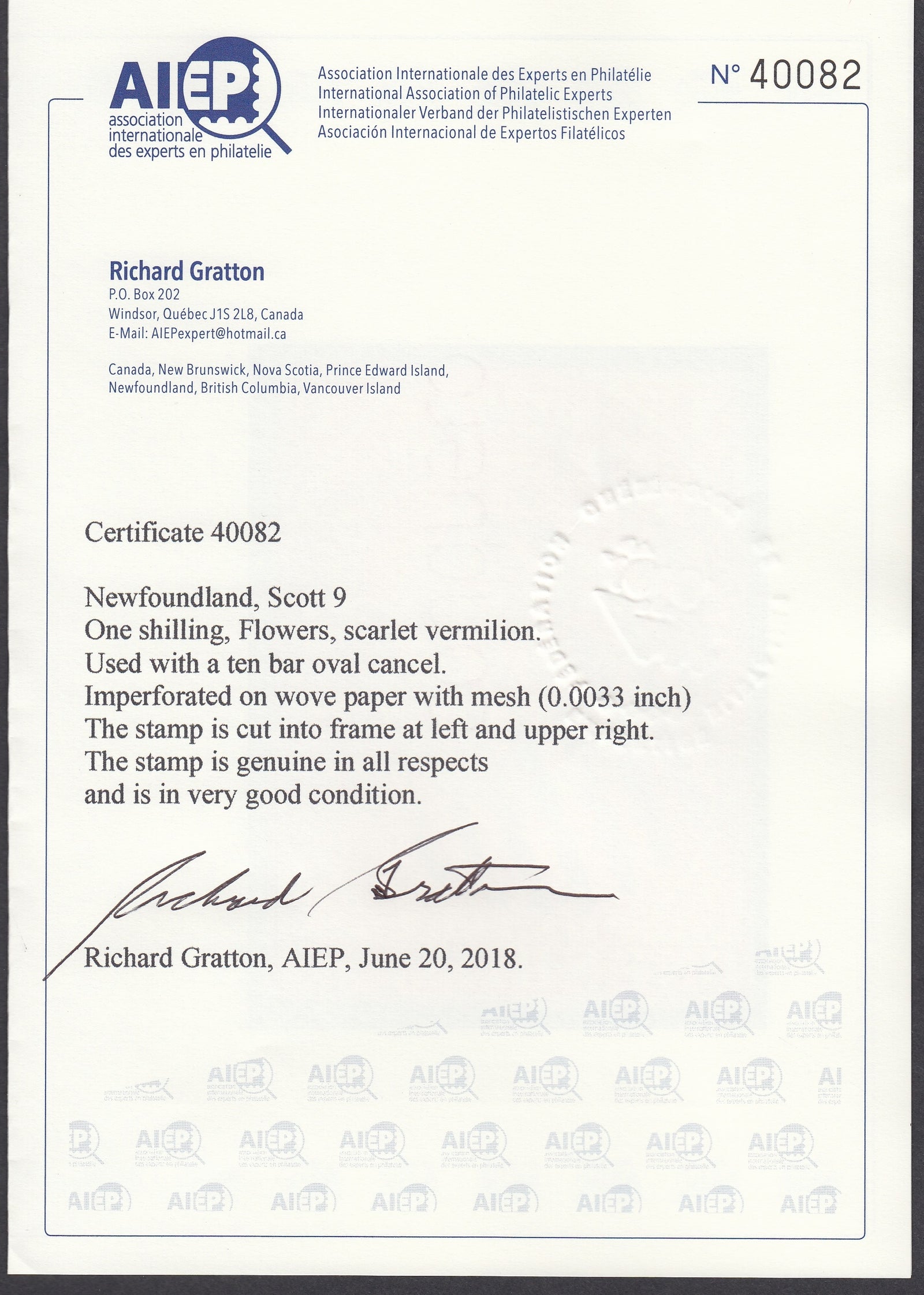 0009NF1708 - Newfoundland #9 - Used - Deveney Stamps Ltd. Canadian Stamps