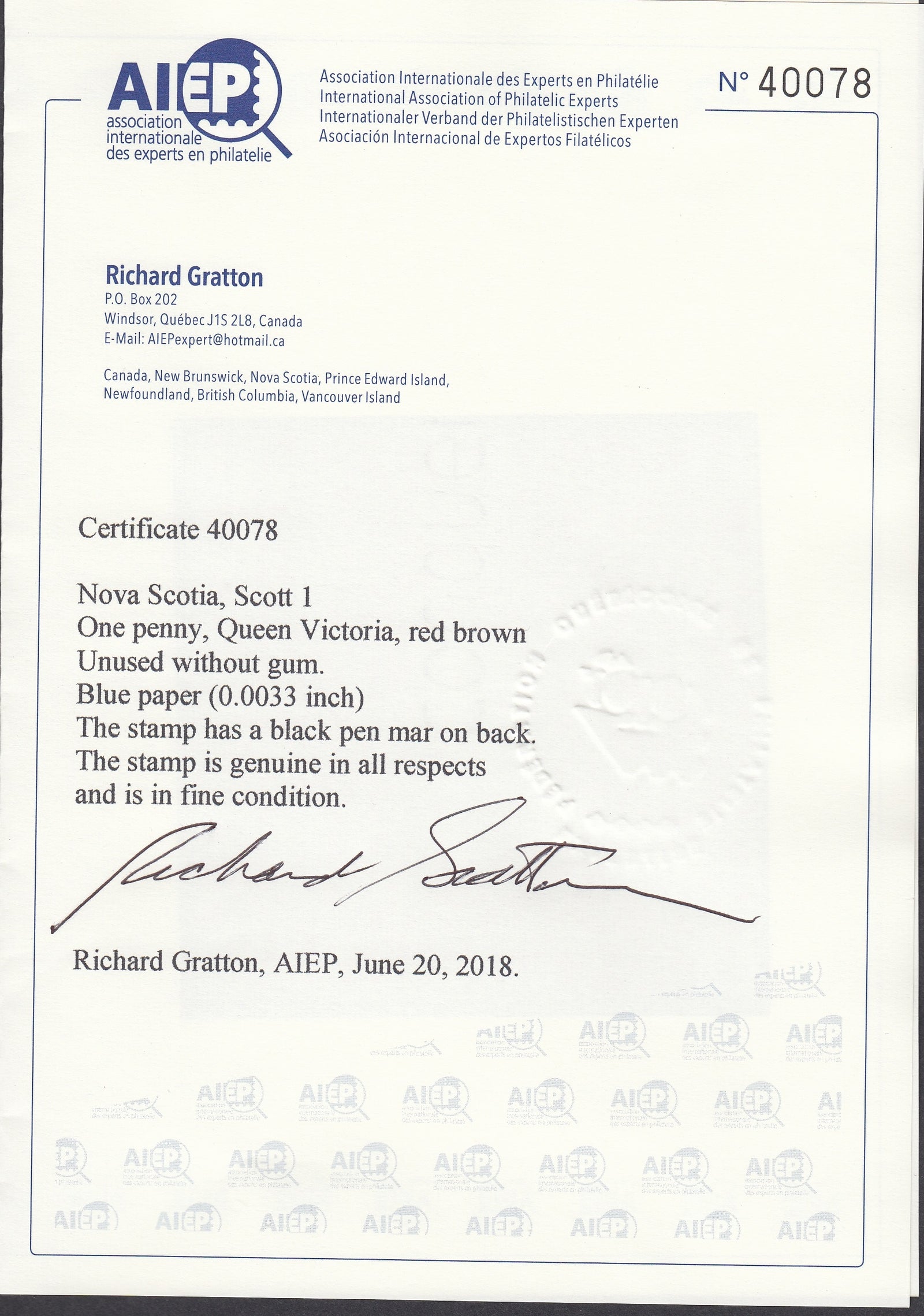 0001NS1708 - Nova Scotia #1 - Mint - Deveney Stamps Ltd. Canadian Stamps