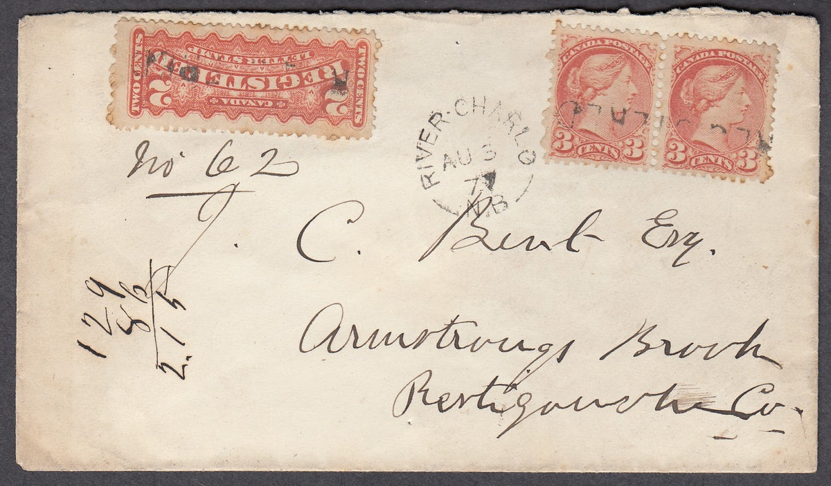 0037NB1807 - #37 Pair &amp; F1 on &#39;River Charlo&#39;, N.B. Registered Cover